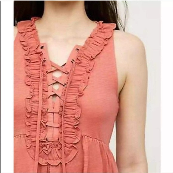 Anthropologie Deletta Ruffle Tank Coral Pink Anthro Lace Up Flowy Cottage Boho S - Picture 3 of 12